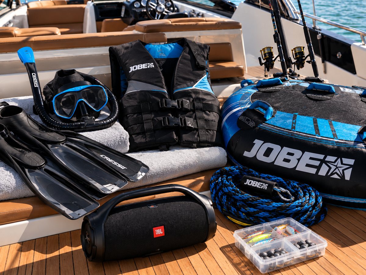Equipamentos a bordo: máscara de snorkel e nadadeiras, colete salva-vidas, boia de reboque, caixa de som e varas de pesca